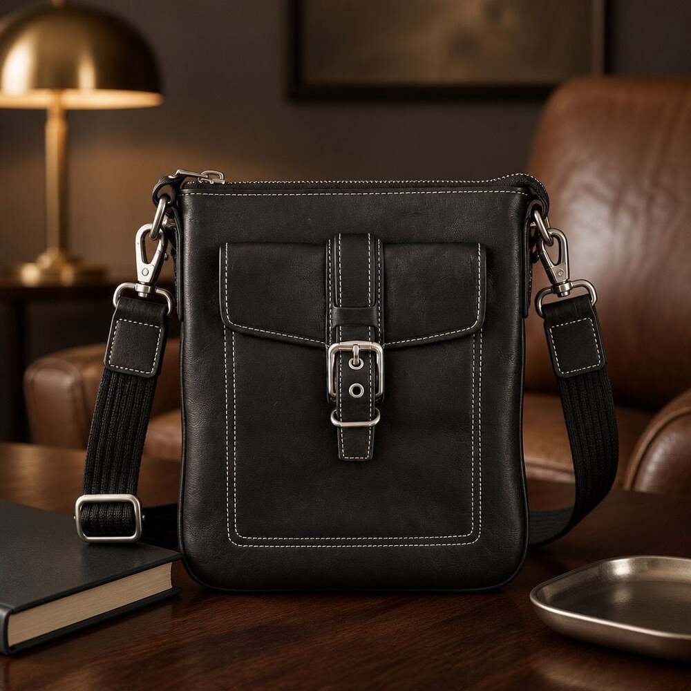 Coach Bleecker Black Leather Small Messenger Flight Bag with Buckle Front